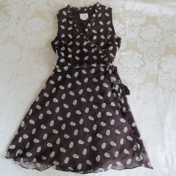 Kate Spade Brown Pineapple Embroidered 100% Silk Wrap Dress 10 - Picture 2 of 13